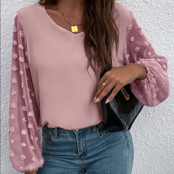 🎀 ELEGANT MUAVE SHEER POLKA DOT SLEEVE LOOSE FIT BLOUSE! - Picture 7 of 8